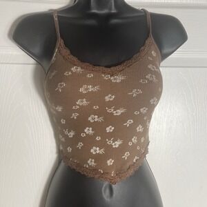 Vintage Hollister Top Women XS Brown White Floral Y2K Cropped Ribbed Lace Trim